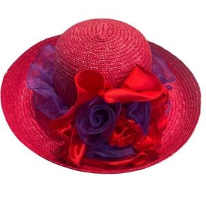 Red Hat Society Straw Hat with Purple & Red Floral Trim
